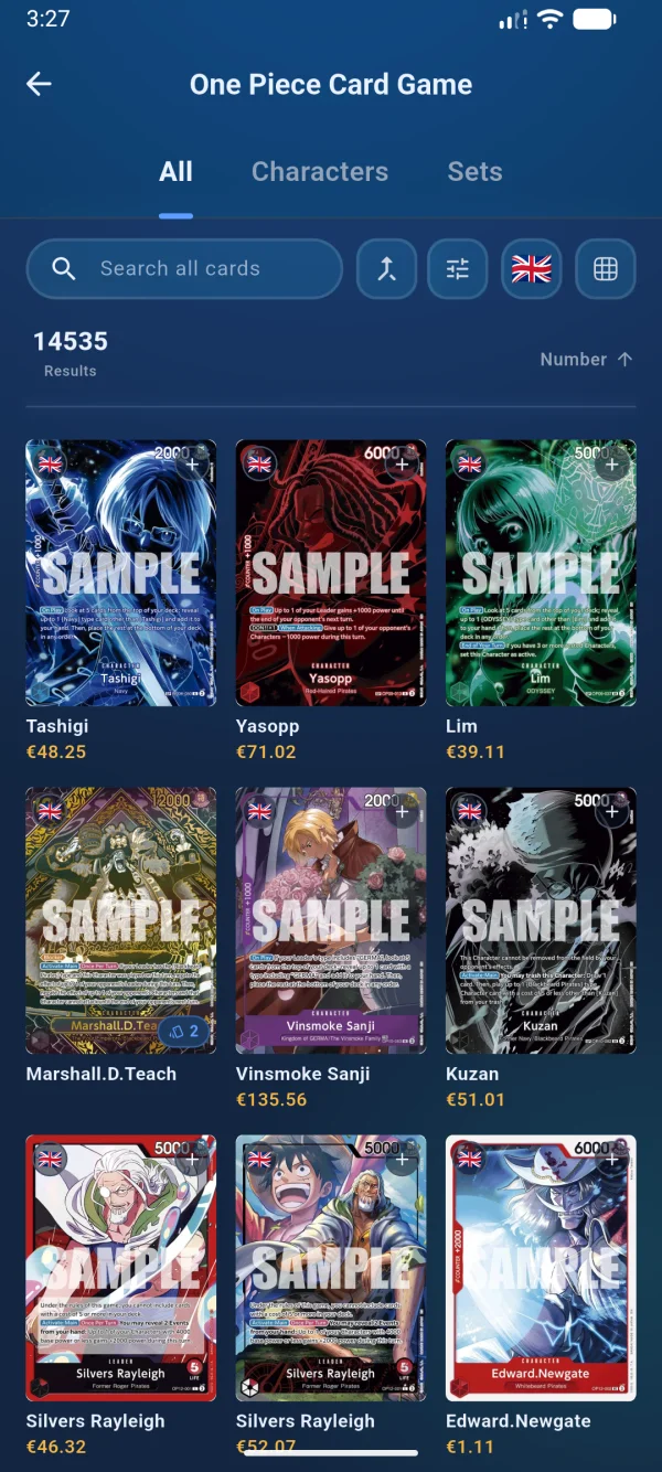 One Piece Card Game browser: 14,535 cards with market prices.